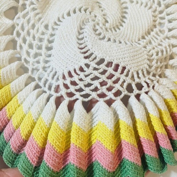 Handmade Crocheted Doily Pink Green Yellow White Ruffled 11” Vintage - Picture 9 of 9